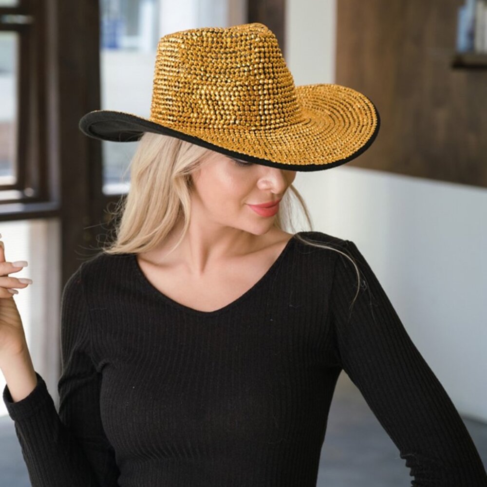 Gold Dazzling Cowboy Hat Wide Brim Crystal Rhinestone NWT